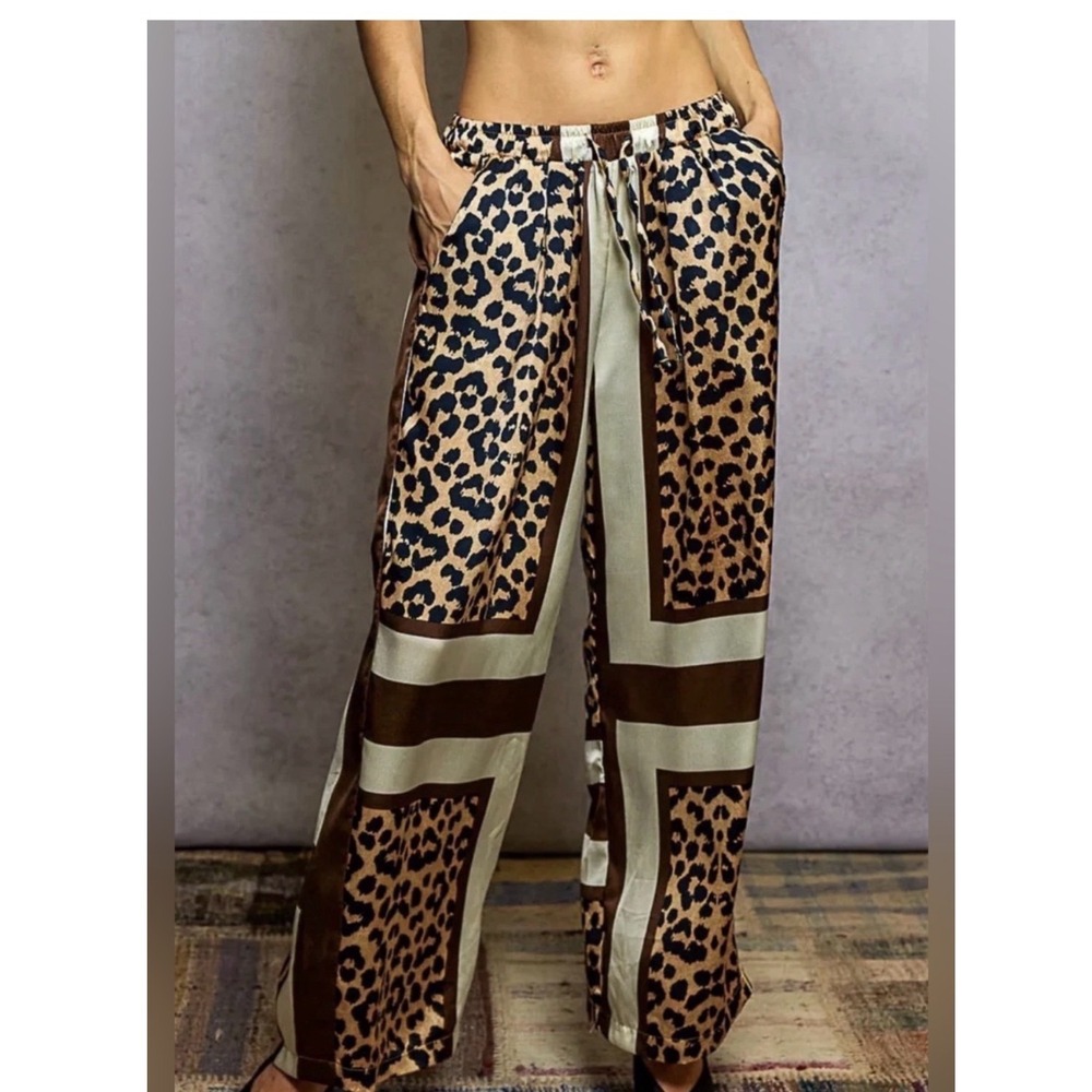 POL Leopard Print Satin Wide Leg Pants Brown Cream High Rise Small